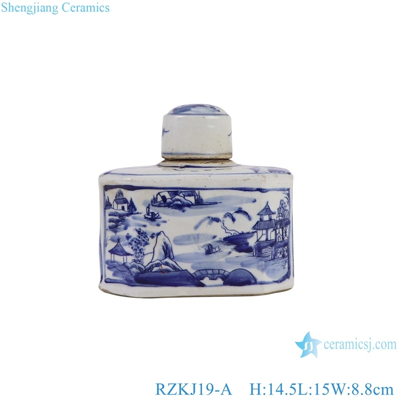 Rzkj19-a-B Small Size Blue and White Mountain Water Pattern and Flower Birds Image Six Sides Flat Belly Lid Pot
