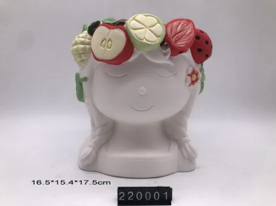 Estatua de cara de niña de cerámica hecha a mano, guirnalda de frutas en maceta para la cabeza para flores y plantas y arreglos suculentos, decoración de mesa, maceta, regalo para todos los días